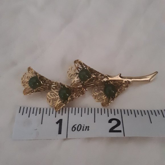 Green Cabochon Gold Tone Filigree Pin Brooch - Picture 5 of 6
